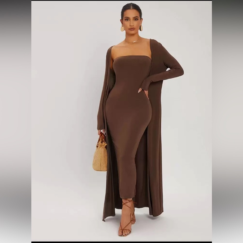 Split Hem Tube Bodycon Dress & Open Front Cardigan set